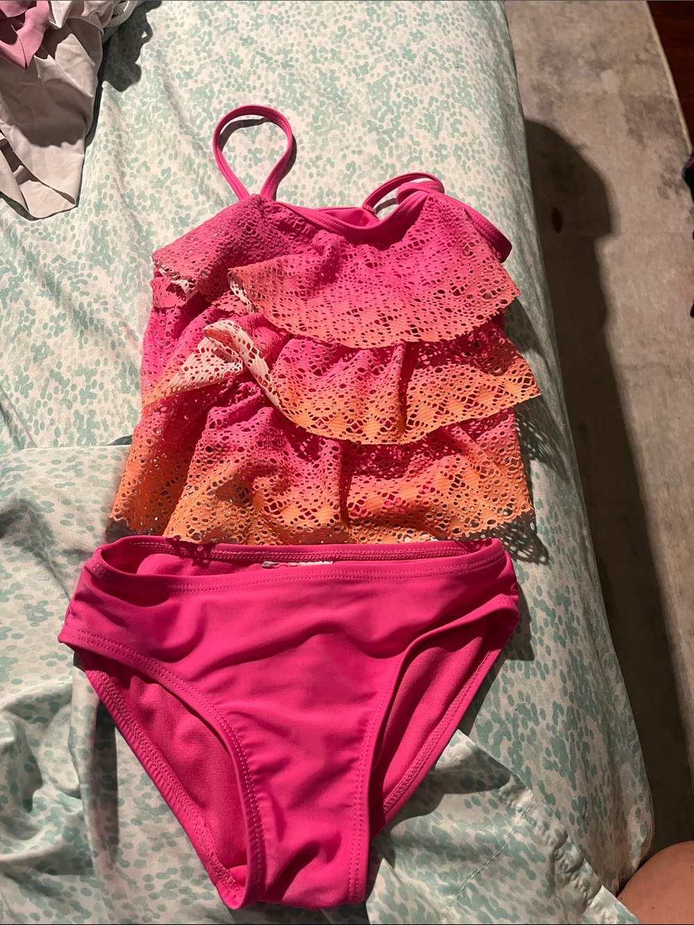 Girls' Pink & Orange Ruffle Tankini Swim Set